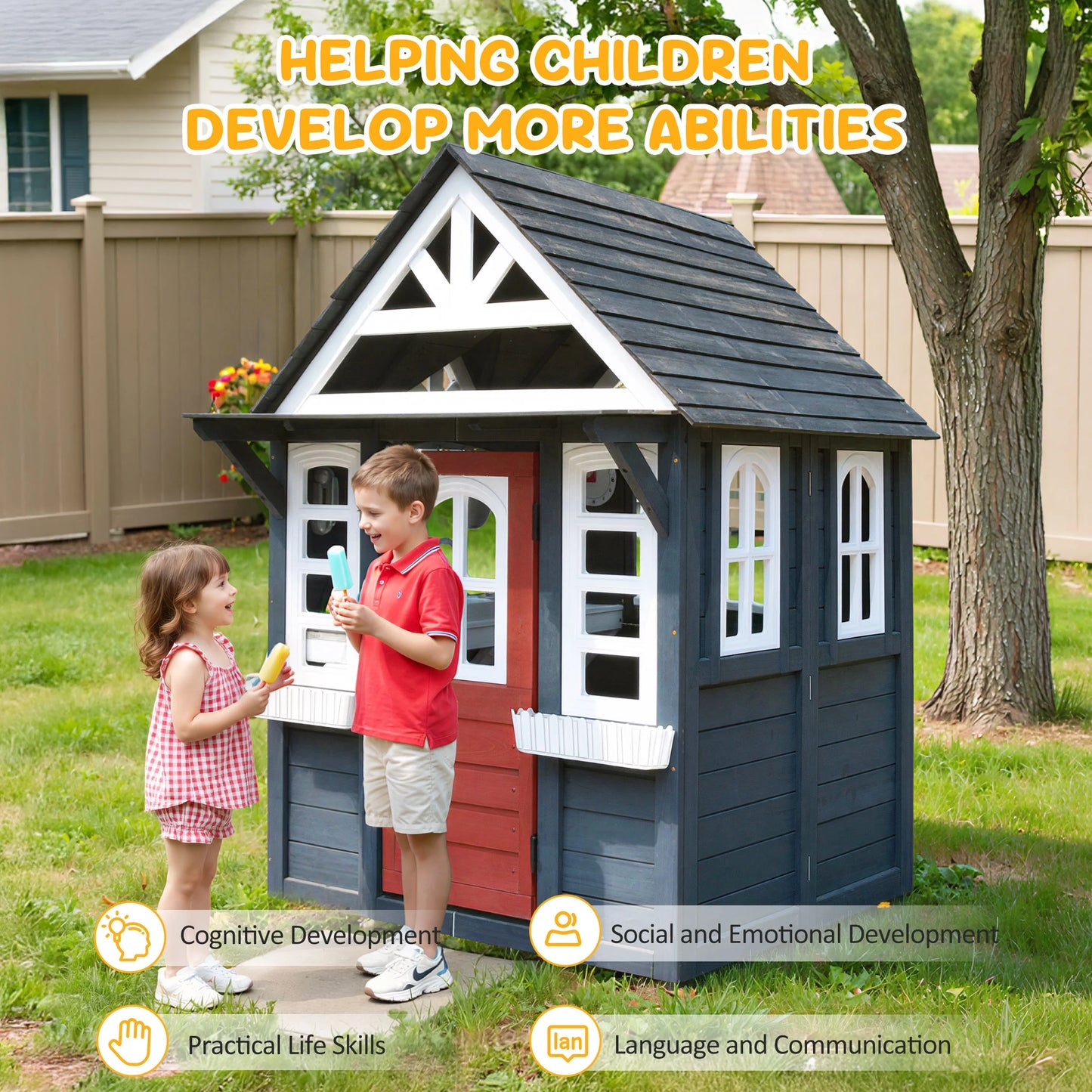 COCLUB Outdoor Playhouse for Kids Ages 4-8, Wooden Play House with Doorbell, Phone, Kitchen Toys, Outdoor Kids Play Equipment, Casa Para Ni?as (45L x 65H), White & Black