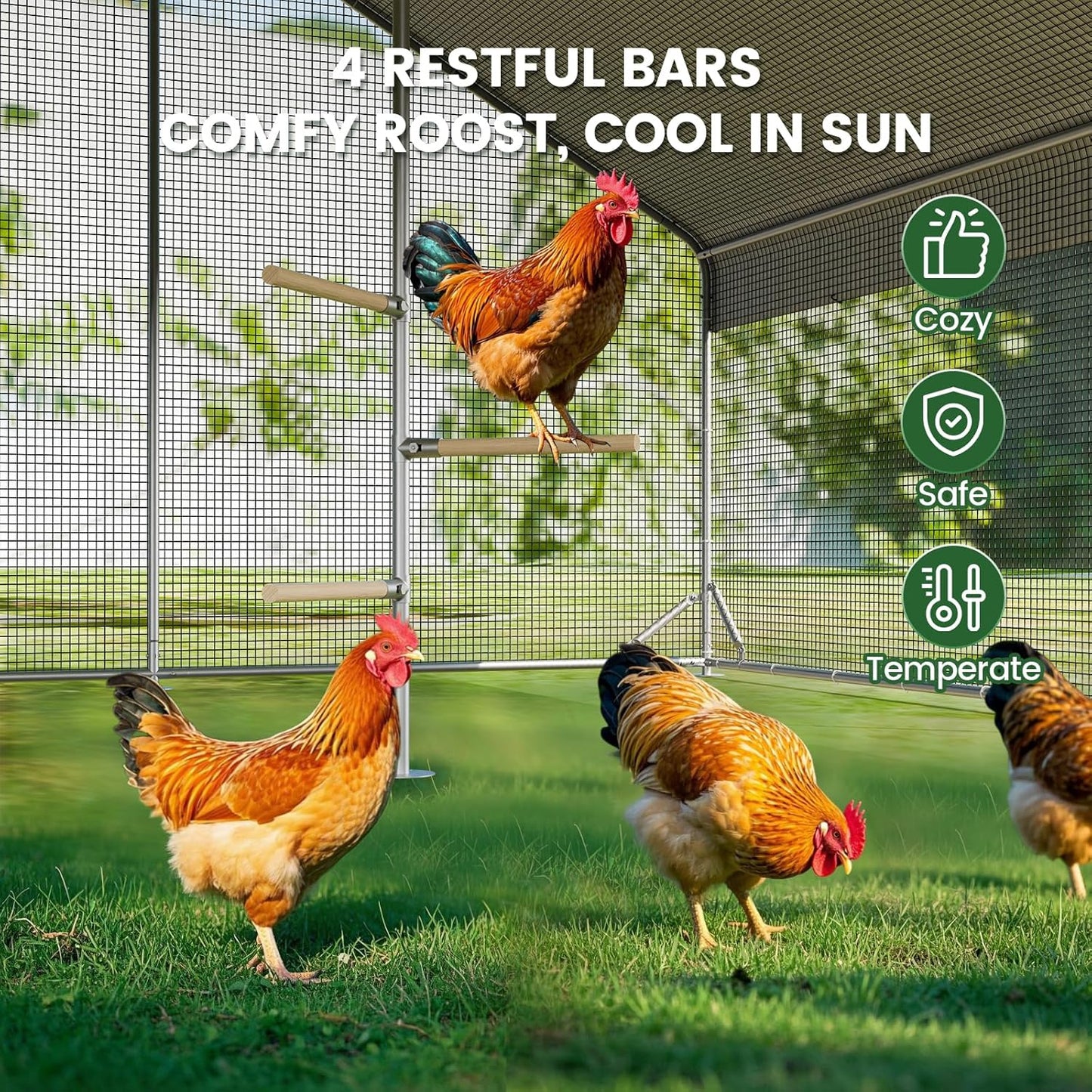 Large Walk-in Metal Chicken Coop with Run, Solar Light, UV Cover