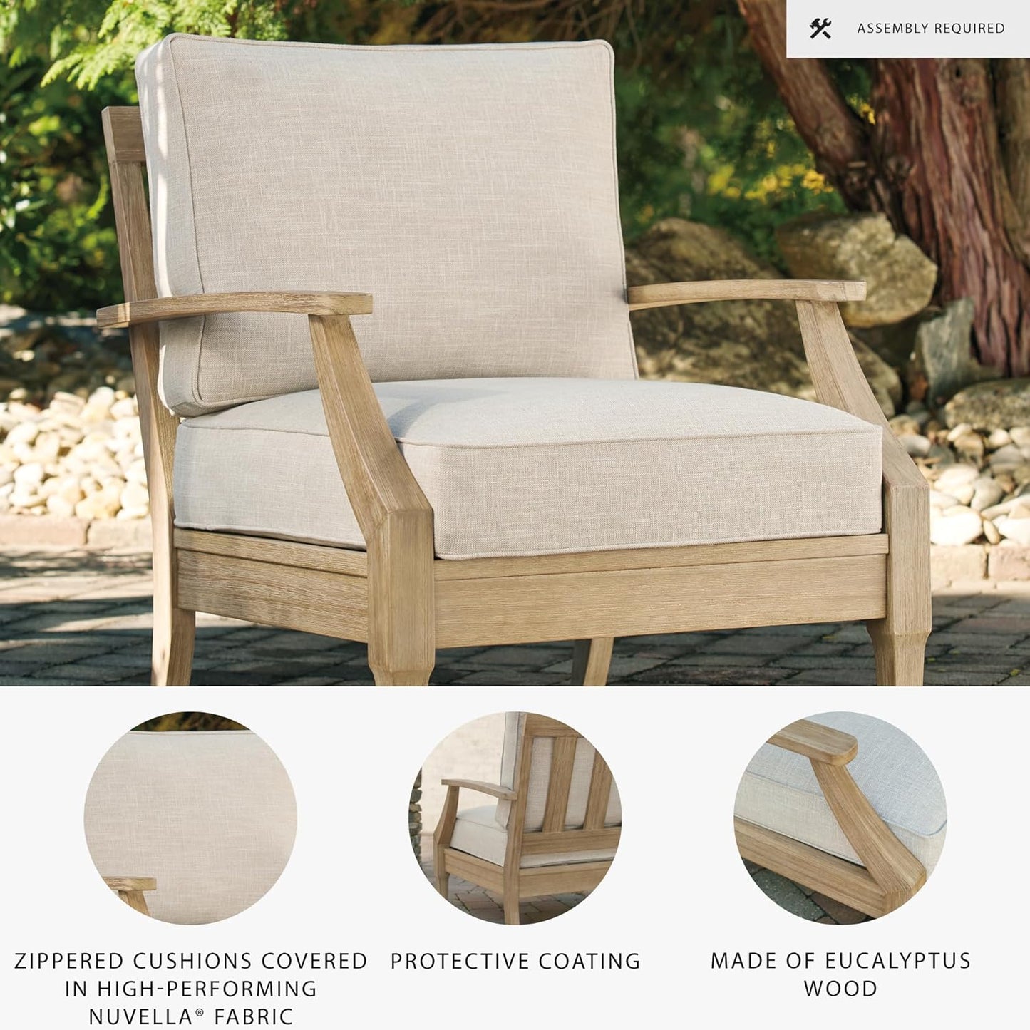 Signature Design by Ashley Clare View Coastal Outdoor Patio Eucalyptus Sofa with Cushions, Beige