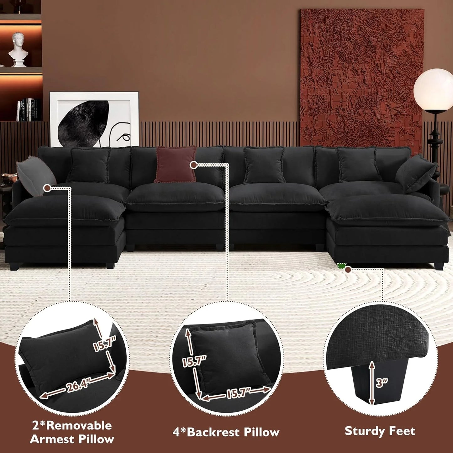 Ihanherry 146" U-Shaped Modern Sofa Modular Sectional Cloud Couch with 2 Ottoman, 6-Seat Chenille Deep Seat Sofa with 6 Pillows for Living Room, Bedroom and Apartment, Grey