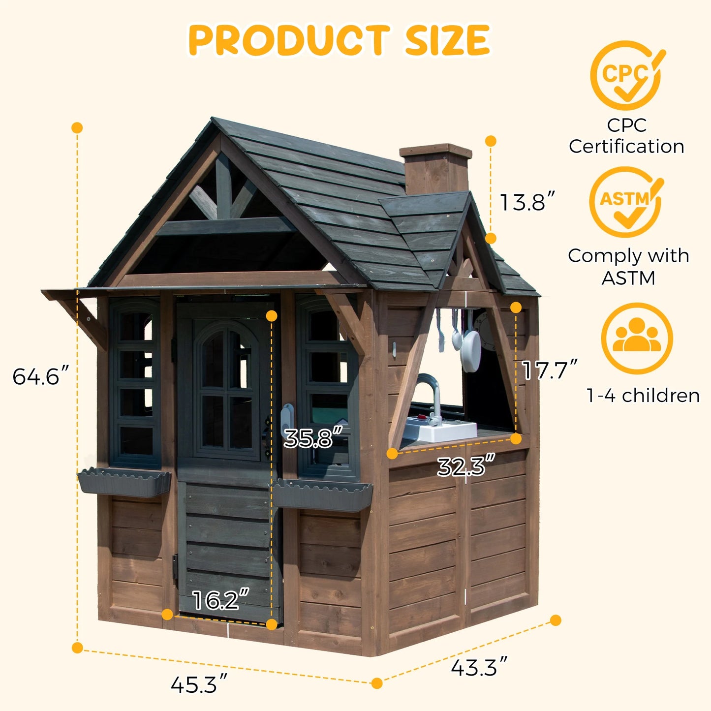 COCLUB Outdoor Playhouse for Kids Ages 4-8, Wooden Play House with Doorbell, Phone, Kitchen Toys, Outdoor Kids Play Equipment, Casa Para Ni?as (45L x 65H), White & Black