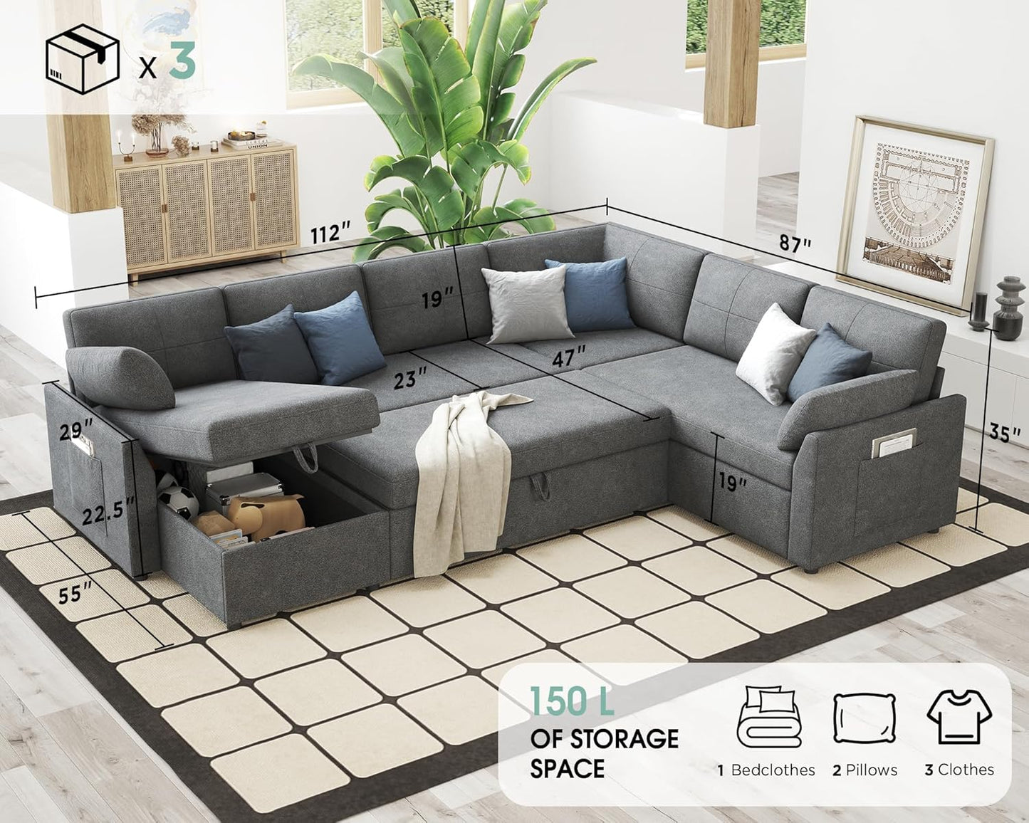 VanAcc Sofa Bed, Sleeper Sofa with Storage Chaise 2 in 1 Pull Out Couch Living Room