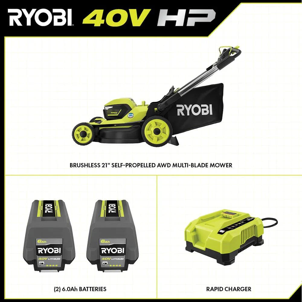 Ryobi 40V HP Brushless 21-in Self-Propelled AWD Lawn Mower Whisper Series Includes (2) 6.0Ah Batteries and Charger