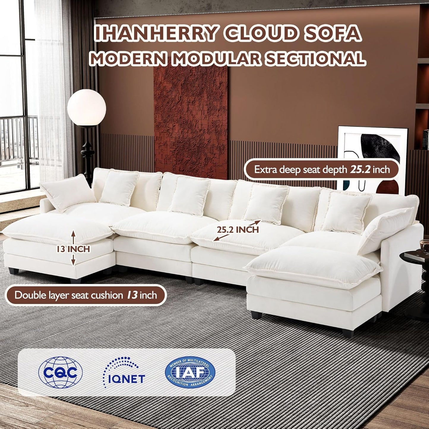 Ihanherry 146" U-Shaped Modern Sofa Modular Sectional Cloud Couch with 2 Ottoman, 6-Seat Chenille Deep Seat Sofa with 6 Pillows for Living Room, Bedroom and Apartment, Grey