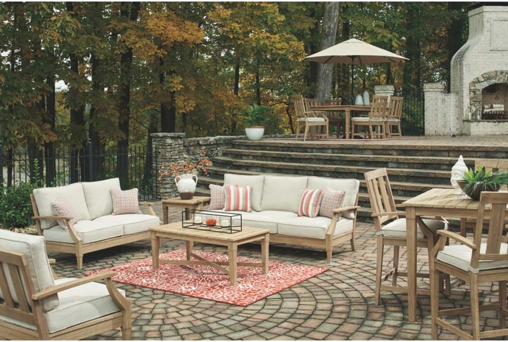 Signature Design by Ashley Clare View Coastal Outdoor Patio Eucalyptus Sofa with Cushions, Beige
