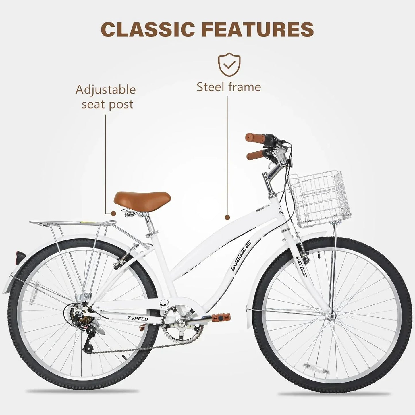 WEIZE Beach Cruiser Bike 26 inch Commuter Bicycle for Adult Men and Women 7-Speed/High-Carbon