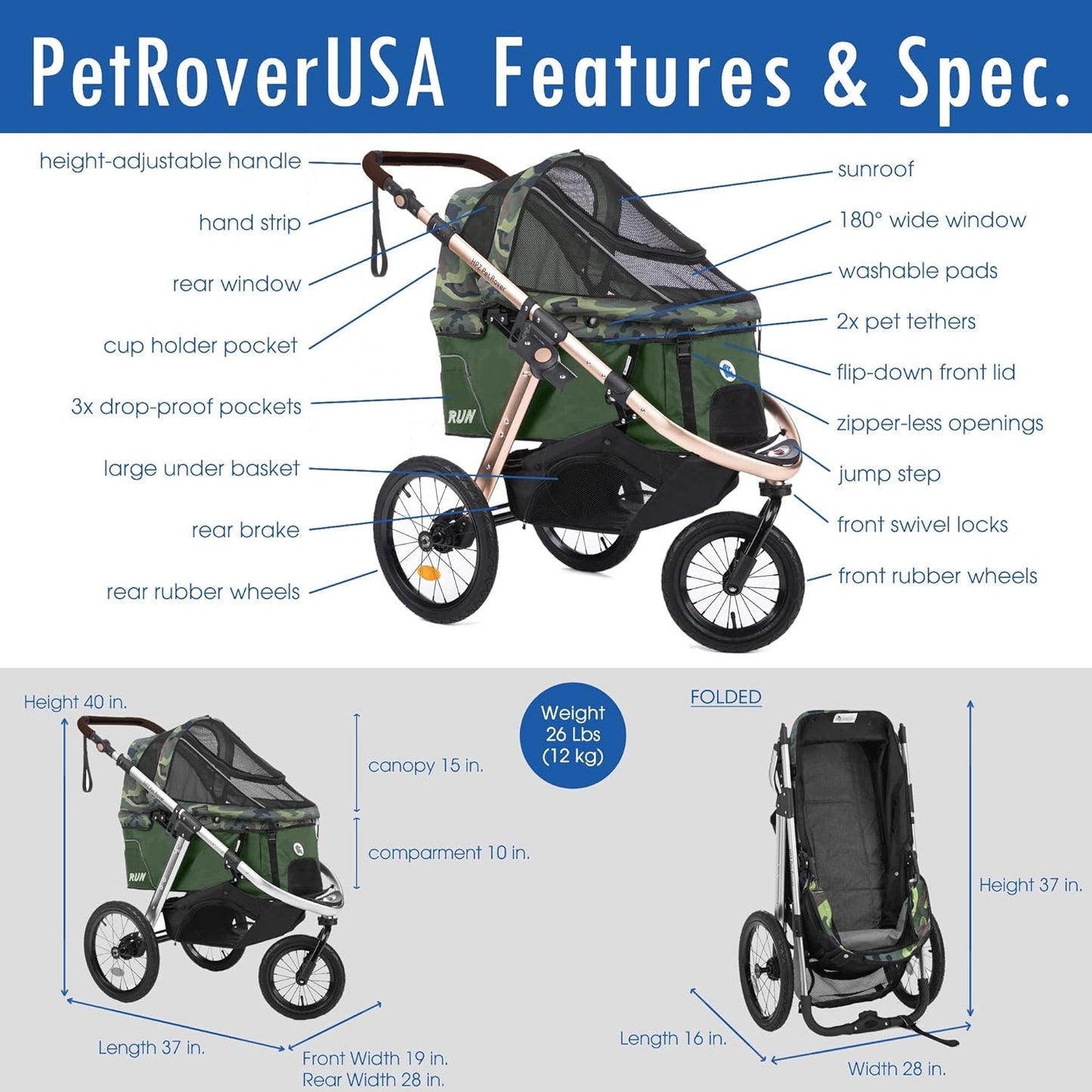 Jogging Sports Stroller with Comfort Rubber Wheels/Zipper-Less Entry/1-Hand Quick Fold/Aluminum Frame for Small/Medium Dogs Cats and Pets (Green Camo)