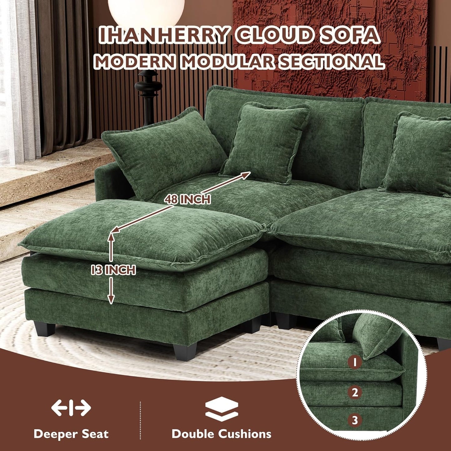 Ihanherry 146" U-Shaped Modern Sofa Modular Sectional Cloud Couch with 2 Ottoman, 6-Seat Chenille Deep Seat Sofa with 6 Pillows for Living Room, Bedroom and Apartment, Grey