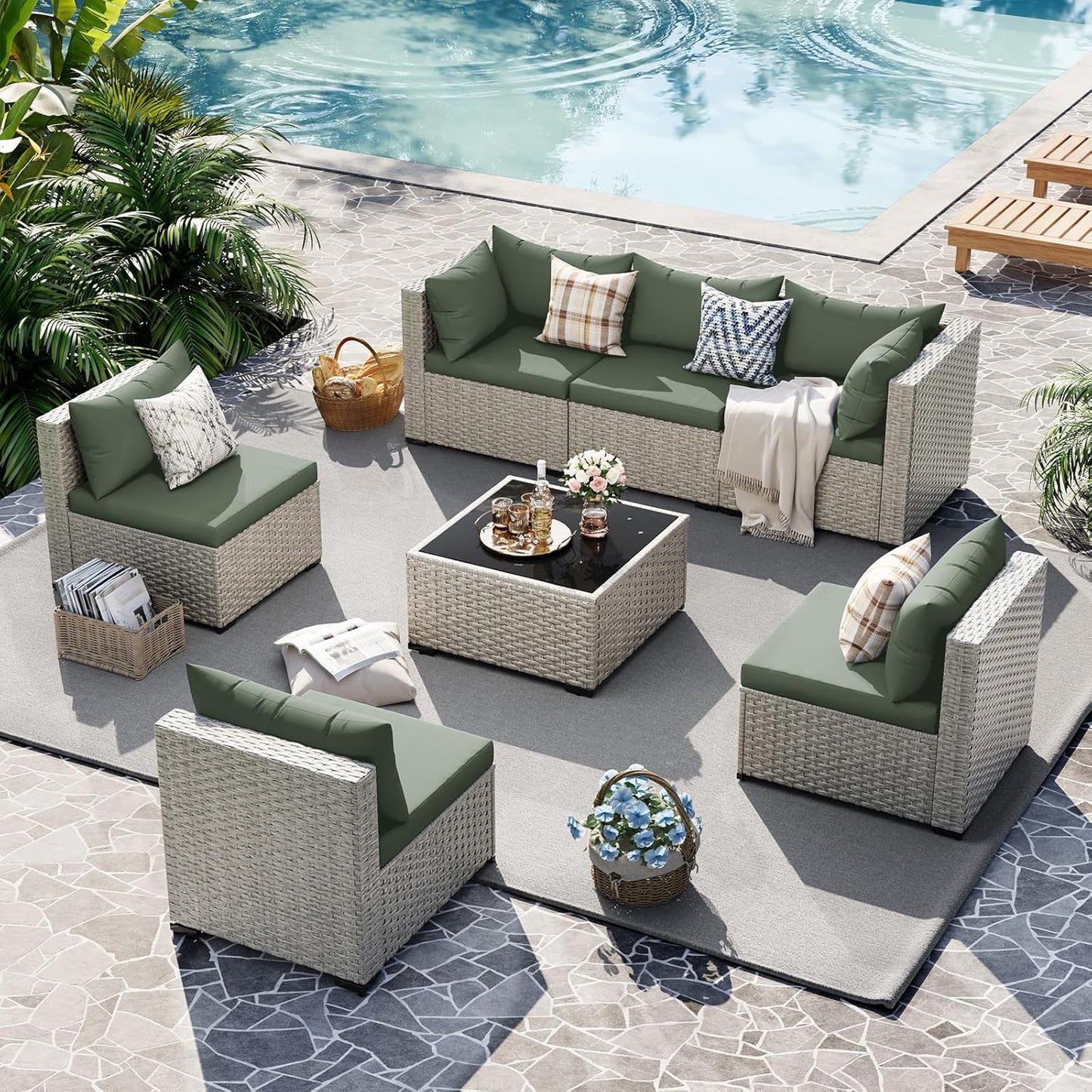 UDPATIO Outdoor Patio Furniture Set 7-Piece PE Wicker Sectional Sofa Outdoor Conversation Set