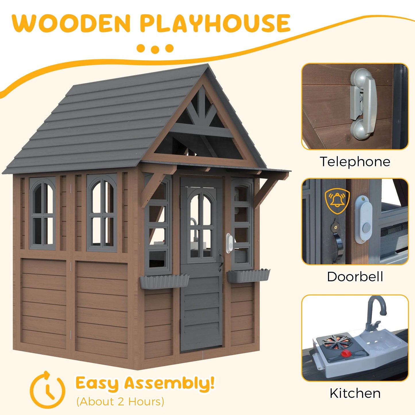 COCLUB Outdoor Playhouse for Kids Ages 4-8, Wooden Play House with Doorbell, Phone, Kitchen Toys, Outdoor Kids Play Equipment, Casa Para Ni?as (45L x 65H), White & Black