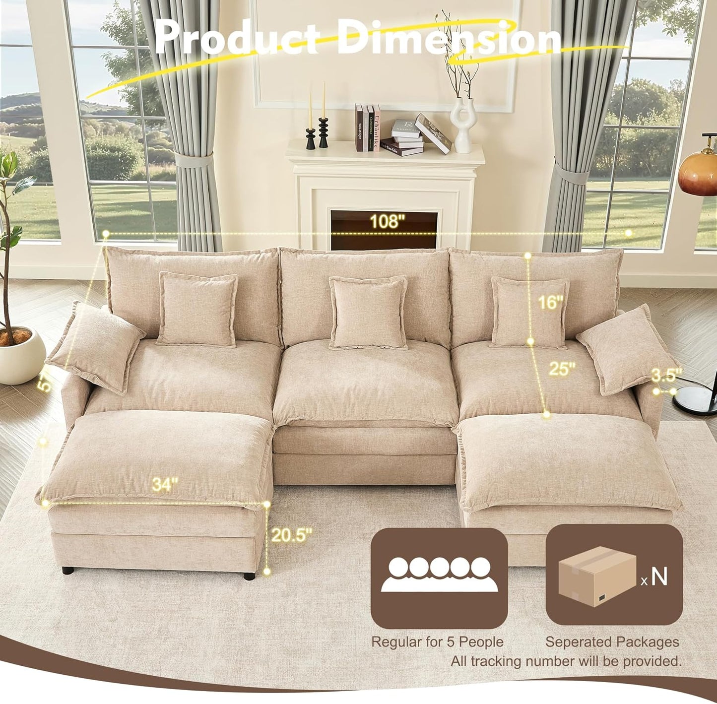 108 Inch U Shape Sofa Sectional Sofa Comfortable Cloud Sofa with Removable Footstool