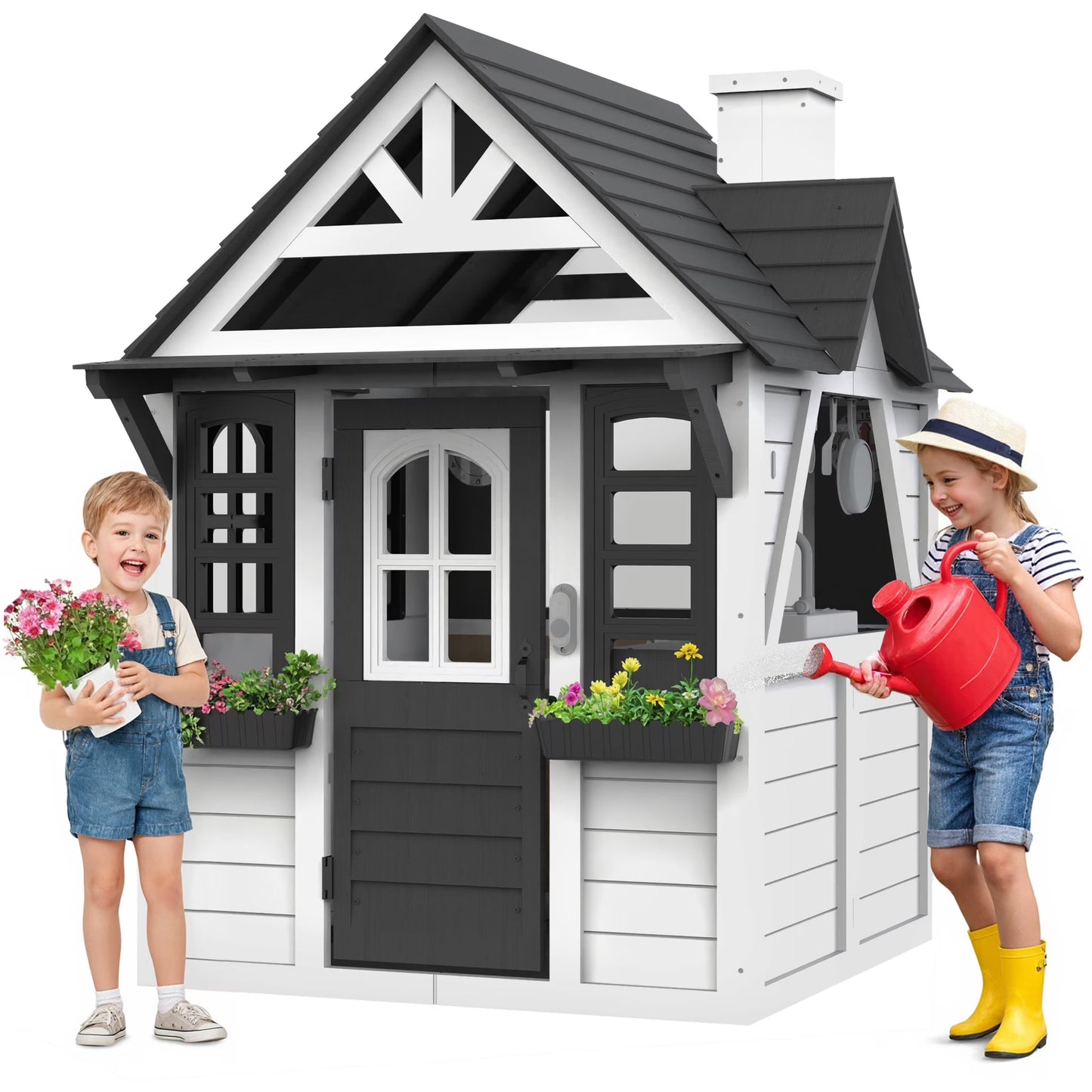 COCLUB Outdoor Playhouse for Kids Ages 4-8, Wooden Play House with Doorbell, Phone, Kitchen Toys, Outdoor Kids Play Equipment, Casa Para Ni?as (45L x 65H), White & Black