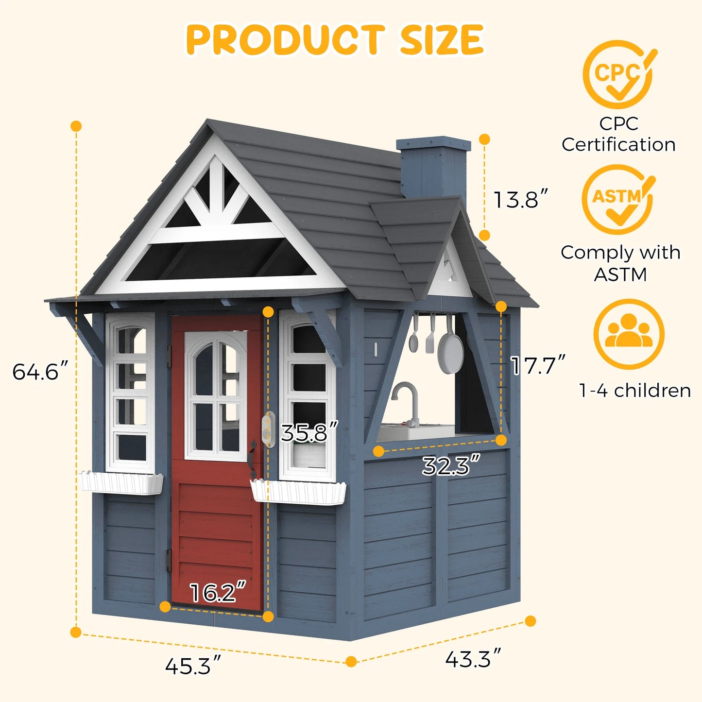 COCLUB Outdoor Playhouse for Kids Ages 4-8, Wooden Play House with Doorbell, Phone, Kitchen Toys, Outdoor Kids Play Equipment, Casa Para Ni?as (45L x 65H), White & Black