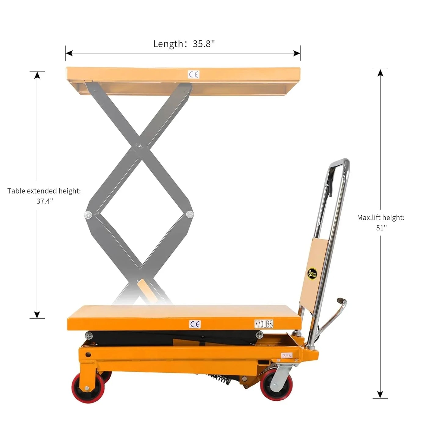 Hydraulic lifting table trolley C load capacity 350 kg, maximum height 130 cm, double scissor lift table with safety device and 4 wheels