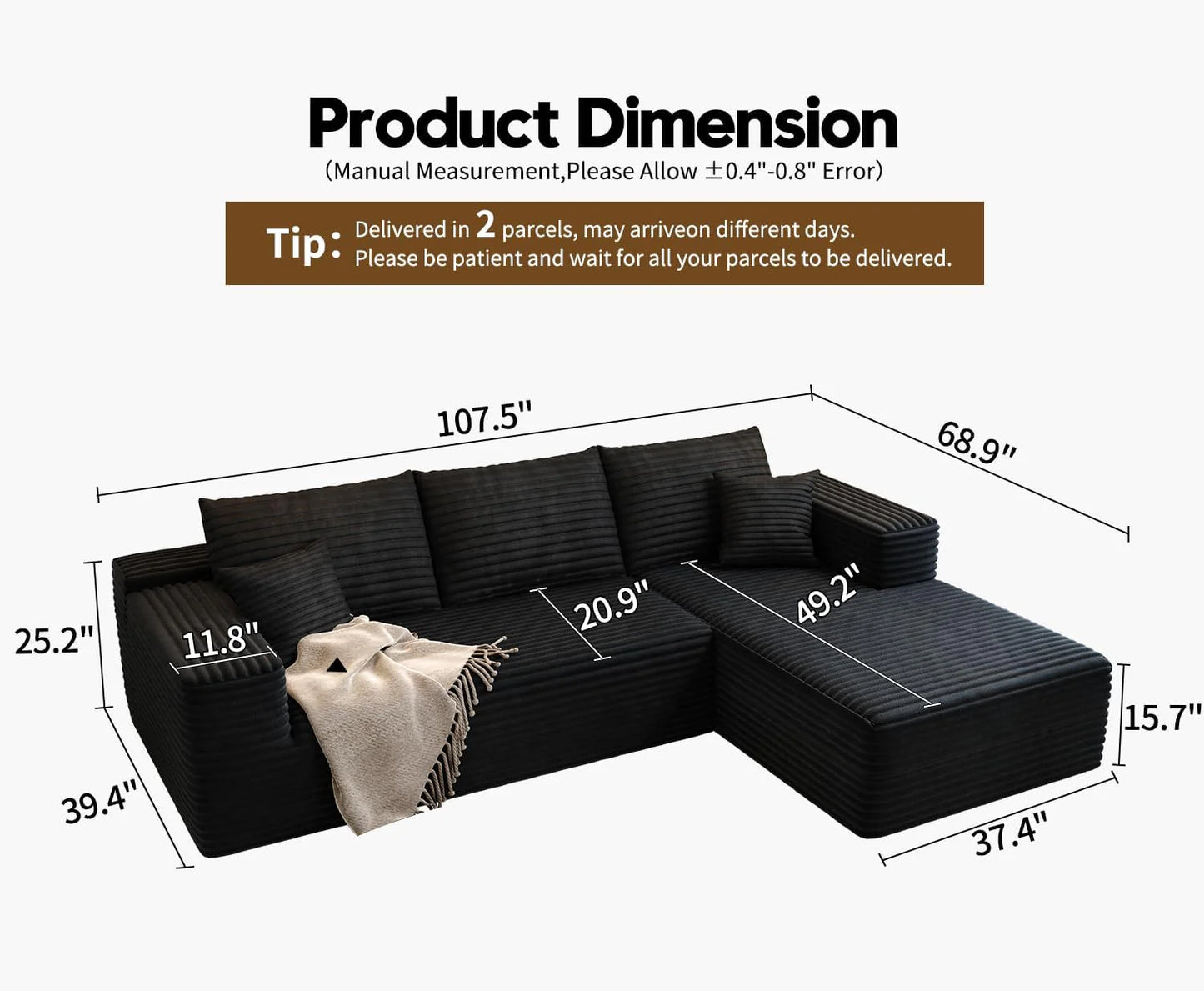 107.5" Cloud Modular Sectional Sofa Couch with L-Shape Chaise,Modern Minimalist Upholstered Couches for Living Room Bedroom,Deep Seat Corner Couch .No Assembly Required (Black,Left Facing Chaise)