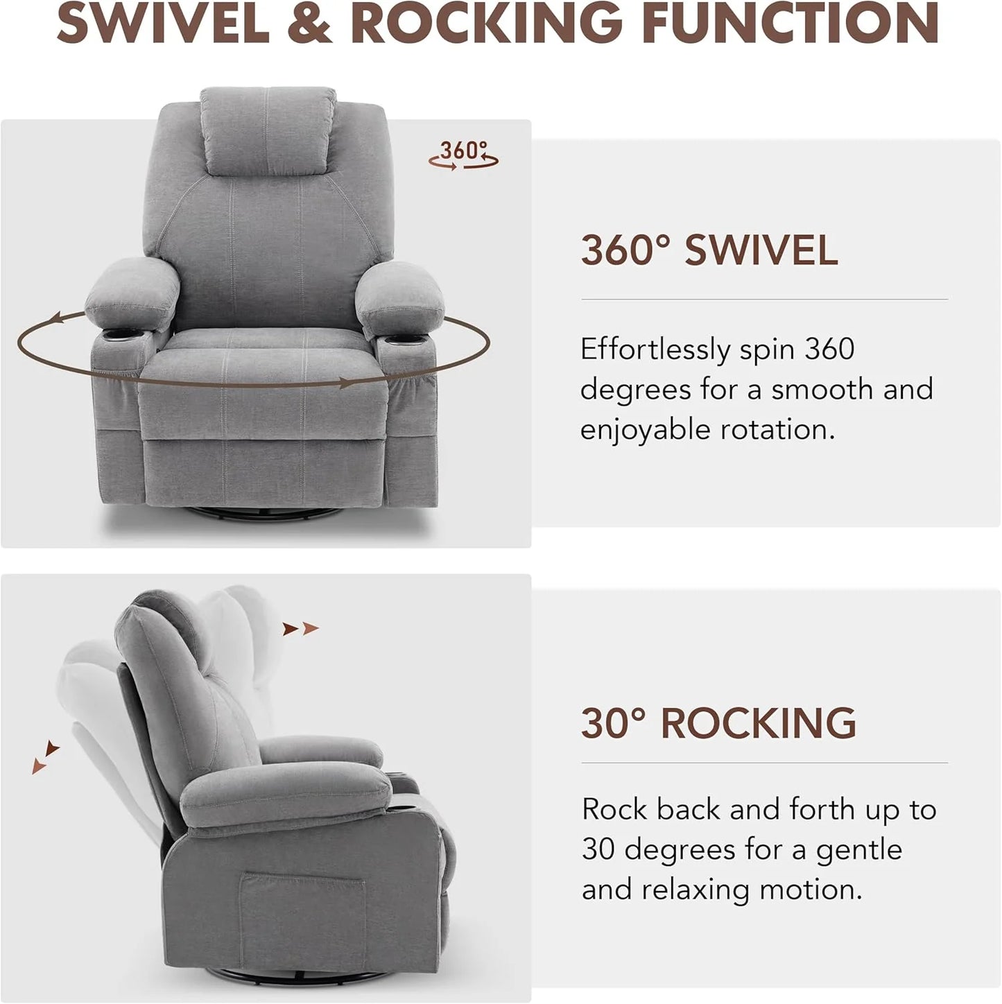 Oversized Swivel Rocker Recliner Chair with Heat and Massage, 360 Degree Swivel Rocking Single Sofa with Cup Holders and USB Port, Large Big Recliner Chair for Living Room (Leather, Brown)