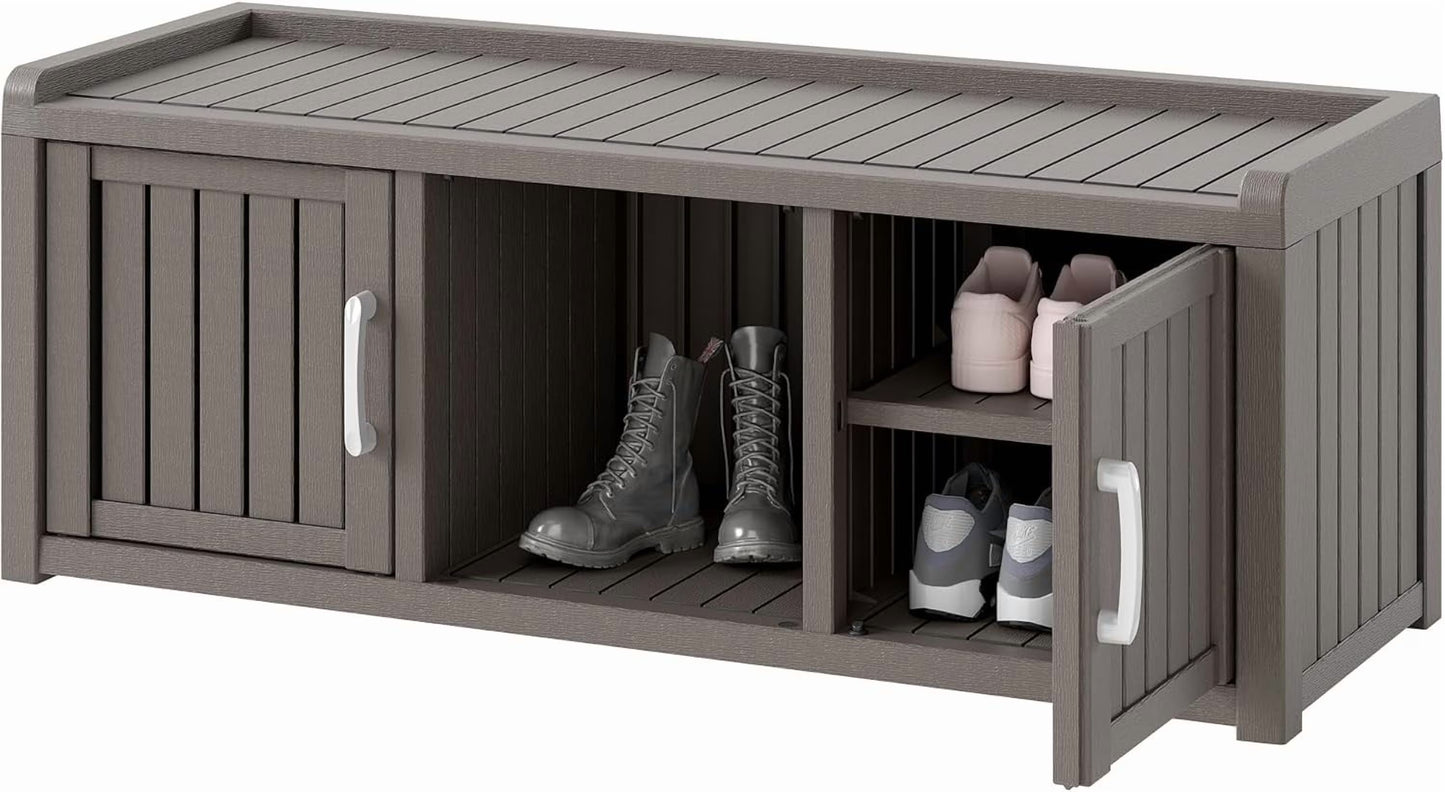 KAMABOKO Outdoor Shoe Storage Cabinet, Waterproof UV-Resistant Entryway Storage Bench Indoor Outdoor with 2 Barn Doors, Adjustable Shelves for Entryway, Bedroom, Hallway,Living Room(Black)