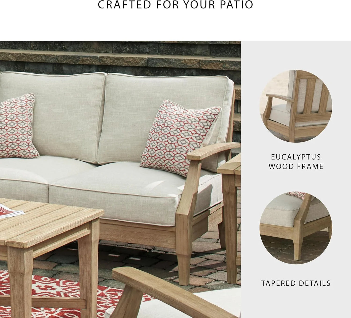 Signature Design by Ashley Clare View Coastal Outdoor Patio Eucalyptus Sofa with Cushions, Beige