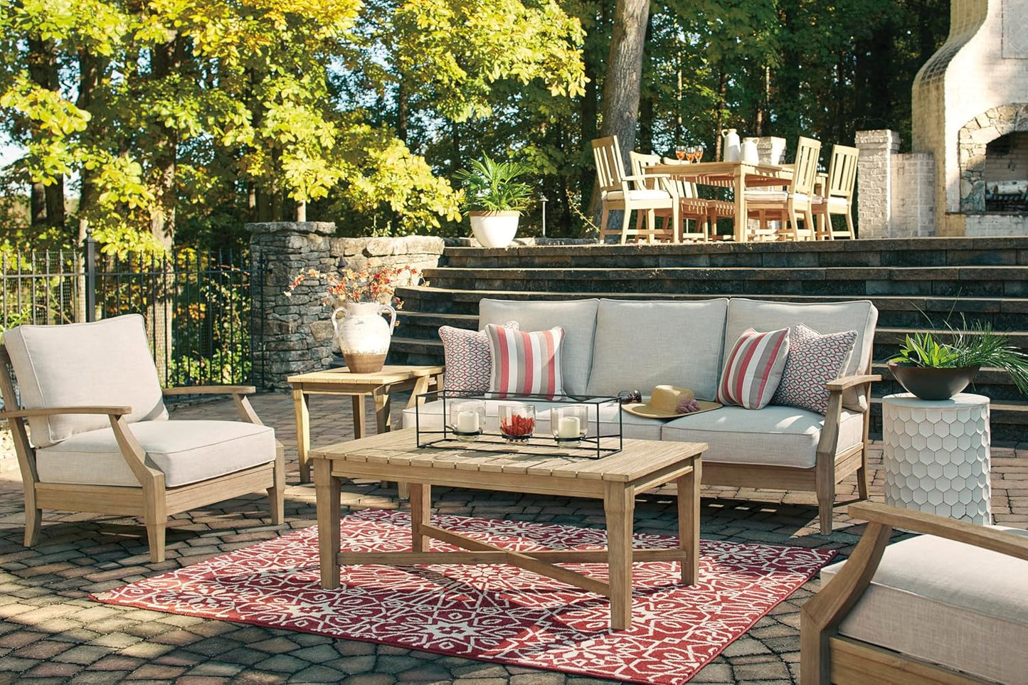 Signature Design by Ashley Clare View Coastal Outdoor Patio Eucalyptus Sofa with Cushions, Beige