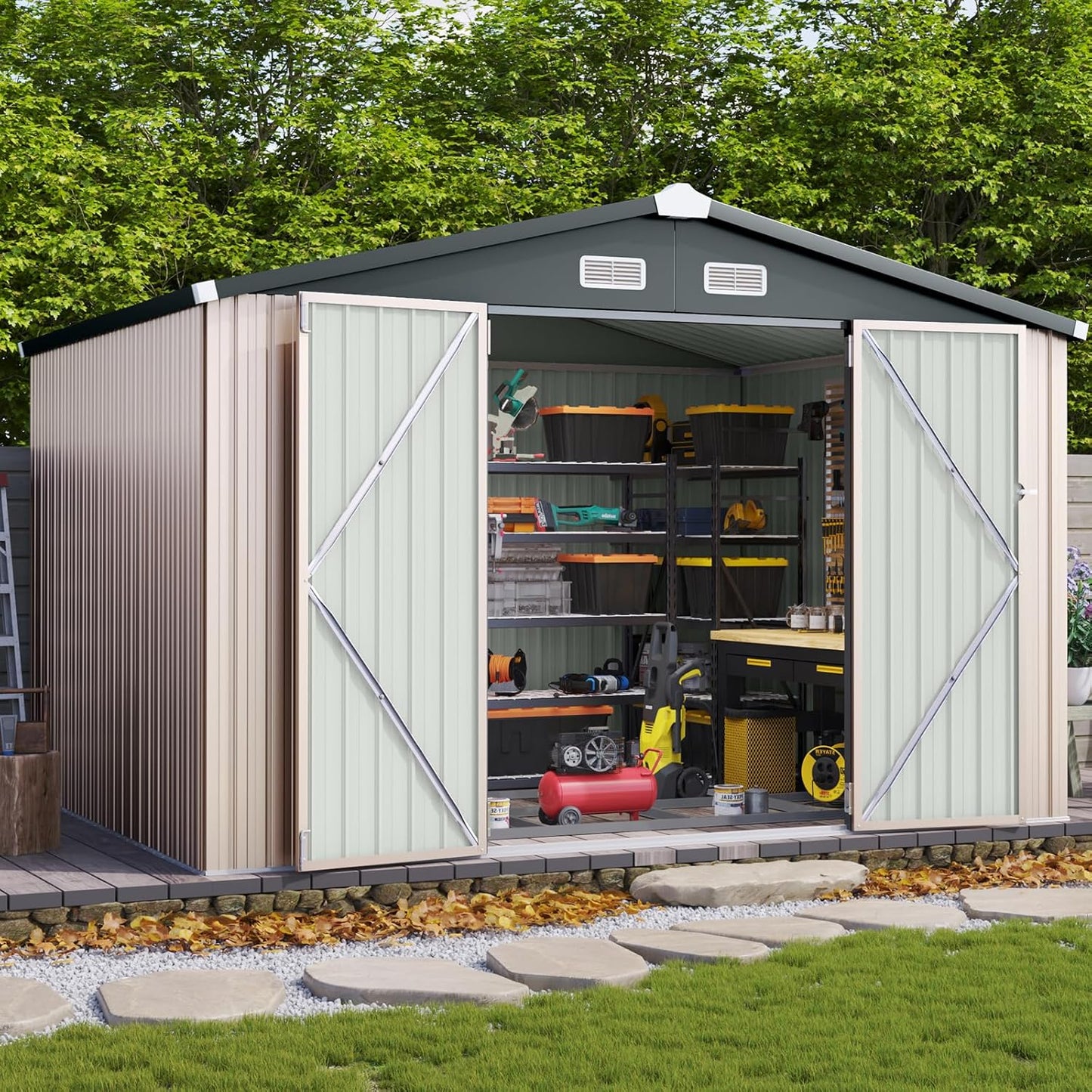 Aoxun 10 x 12FT Outdoor Storage Shed with Double Hinged Large Door Utility Garden Shed