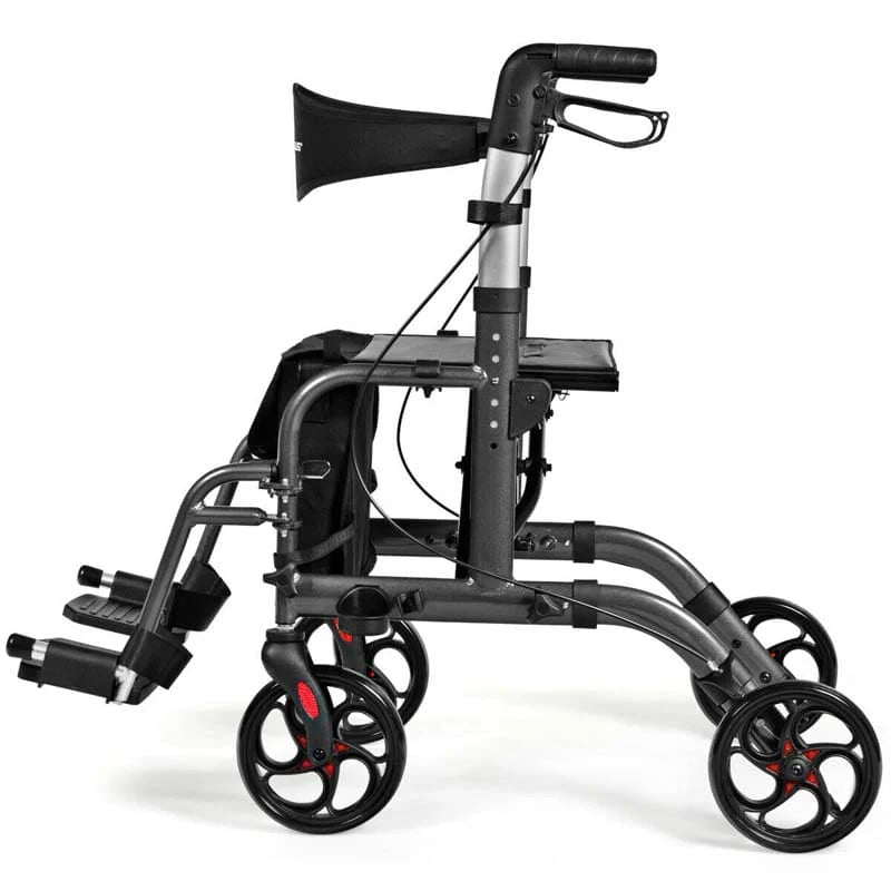 2 In 1 Rollator Walker Wheelchair Folding Medical Walker Aluminum Transport Chair Mobility Walking Aid - Comfortable And Ergonomic Design