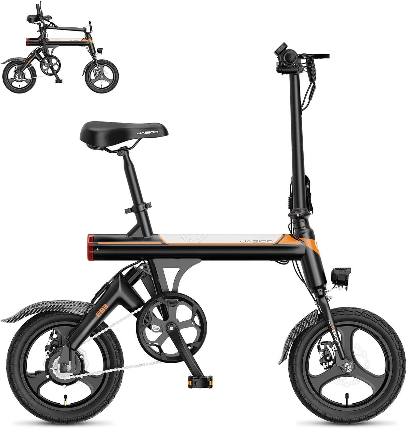 Jasion EB3 Electric Bike Adults 21mph, 500W Peak Motor, 270Wh Battery, Rear Suspension, 3 Levels Assist, 14&prime;&prime; Folding Ebike for Adults and Teens, Complies to UL2849