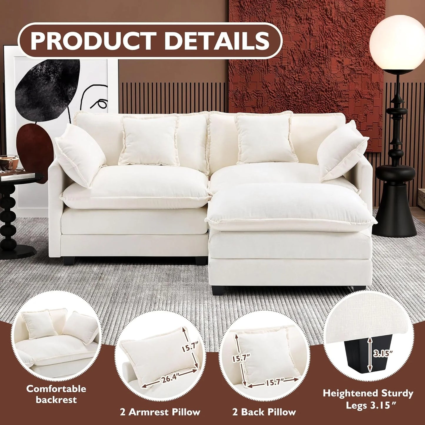 Ihanherry 146" U-Shaped Modern Sofa Modular Sectional Cloud Couch with 2 Ottoman, 6-Seat Chenille Deep Seat Sofa with 6 Pillows for Living Room, Bedroom and Apartment, Grey