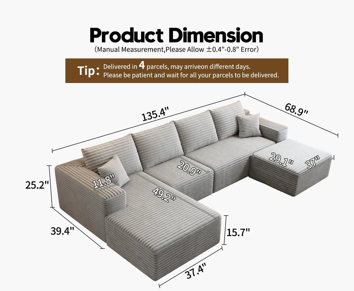 107.5" Cloud Modular Sectional Sofa Couch with L-Shape Chaise,Modern Minimalist Upholstered Couches for Living Room Bedroom,Deep Seat Corner Couch .No Assembly Required (Black,Left Facing Chaise)