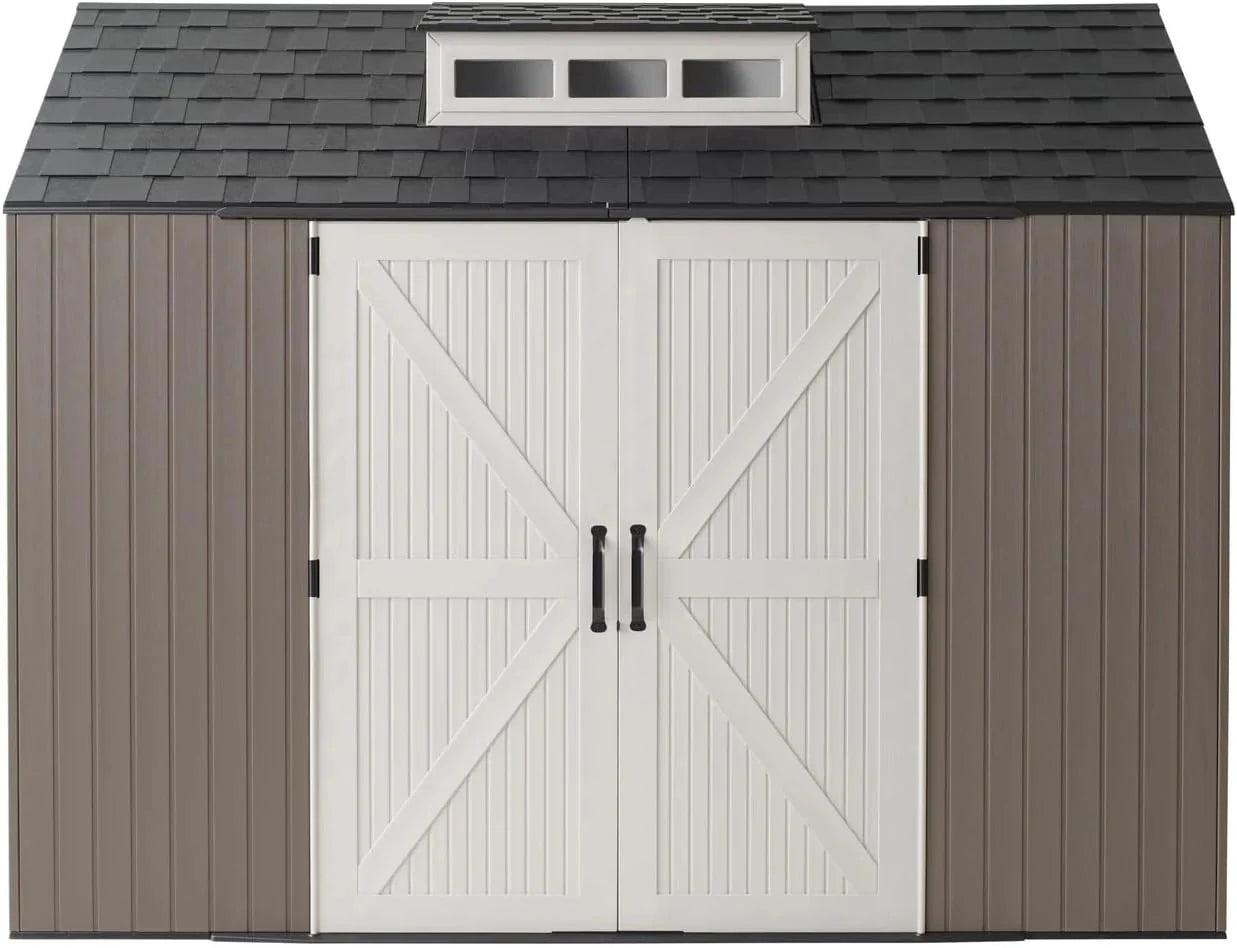Rubbermaid resin garden shed with floor (2.13 x 2.13 m), weatherproof, grey, for storing garden tools, lawnmowers, bicycles and pool accessories
