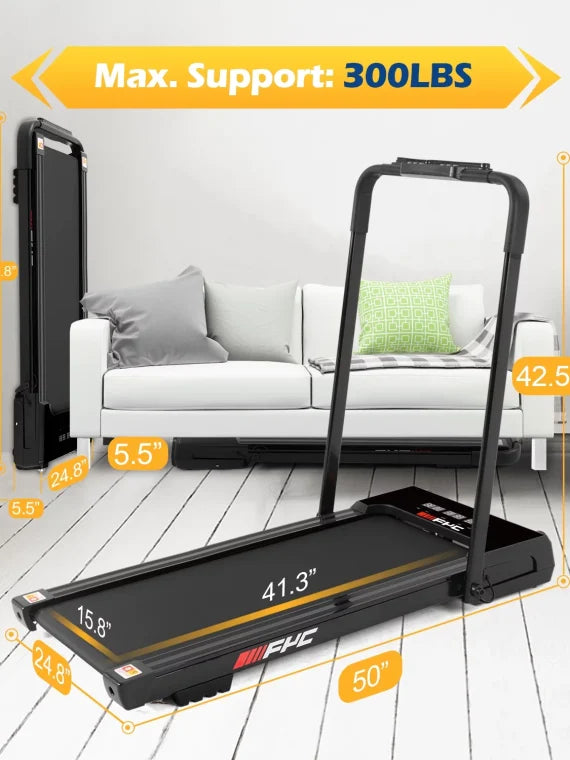 FYC 3.5HP Under Desk Treadmill 300LBS Weight Capacity 2-in-1 Foldable Design Remote Control & LED Display Compact Electric Walking and Running Machine for Walking Running Jogging (Black)