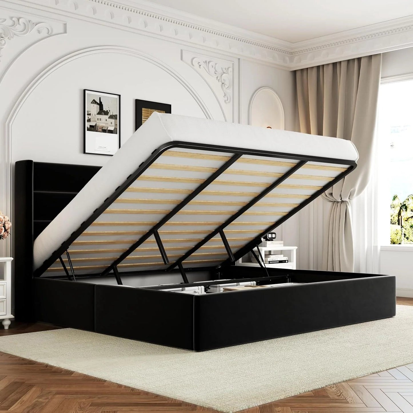 Allewie Queen Size Lift Up Storage Bed, Modern Wingback Headboard, Hydraulic Support, No Box Spring Needed, Light Beige