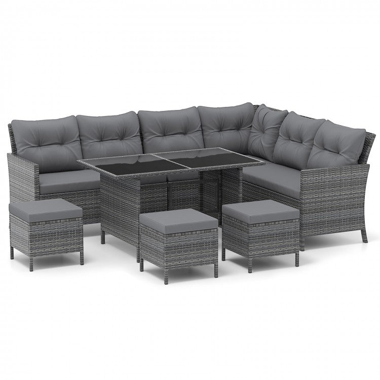 7 Pieces Patio Dining Furniture Set with Soft Cushions and Ottomans