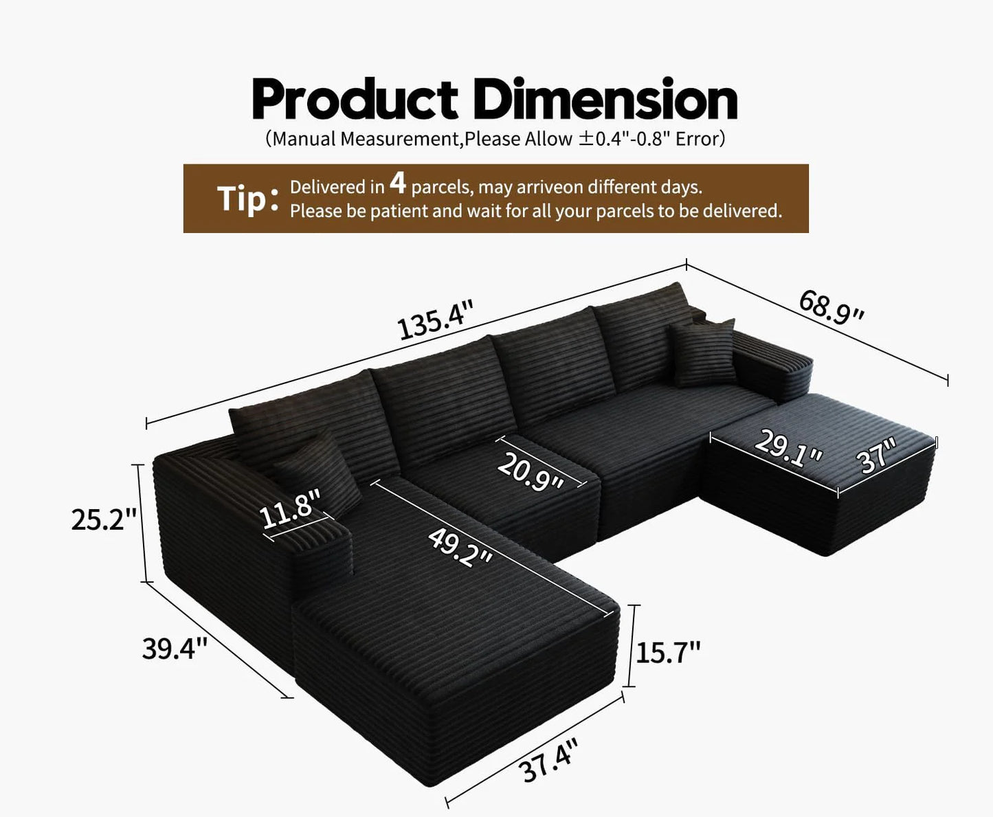 107.5" Cloud Modular Sectional Sofa Couch with L-Shape Chaise,Modern Minimalist Upholstered Couches for Living Room Bedroom,Deep Seat Corner Couch .No Assembly Required (Black,Left Facing Chaise)
