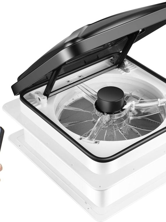 MaxxAir 10 Speed Roof Vent Fan 12V with Thermostat, Rain Sensor, Remote &amp; App Control, 14&prime;&prime;x14&prime;&prime; Reversible Powered Lift