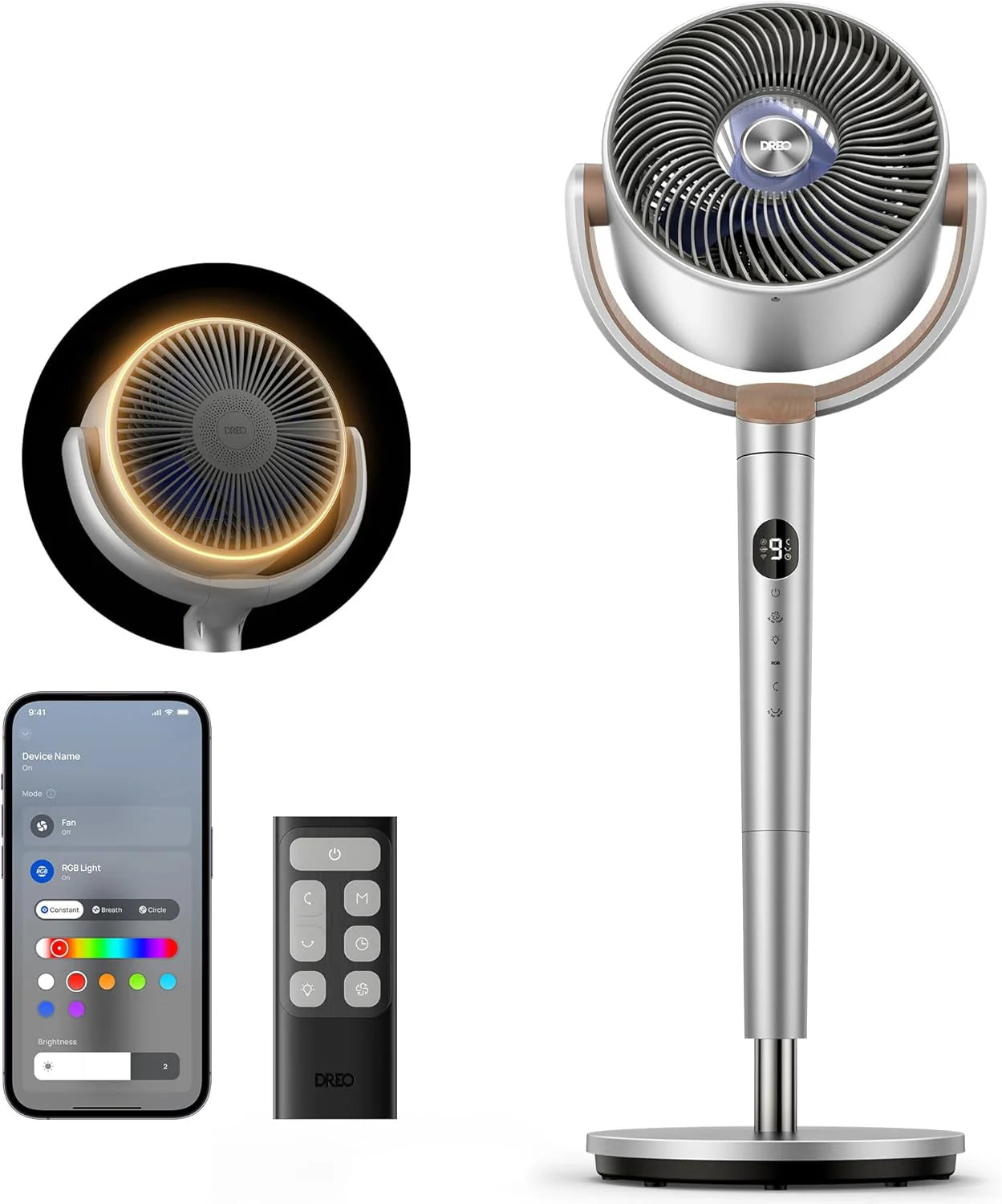 DREO Smart Fan for Bedroom, 120掳 +120掳 Omni-Directional Oscillating Fans, 100ft Quiet Pedestal Fan with RGB Light, 9 Speeds, 6 Modes, 20dB, 8H Timer, Wi-Fi/Voice/Alexa, 37-42" Floor Fans with Remote