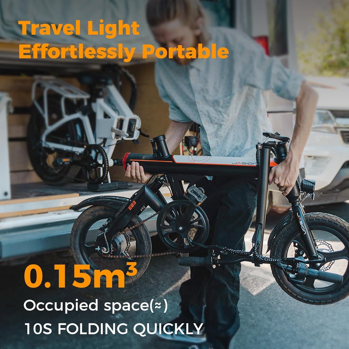 Jasion EB3 Electric Bike Adults 21mph, 500W Peak Motor, 270Wh Battery, Rear Suspension, 3 Levels Assist, 14&prime;&prime; Folding Ebike for Adults and Teens, Complies to UL2849