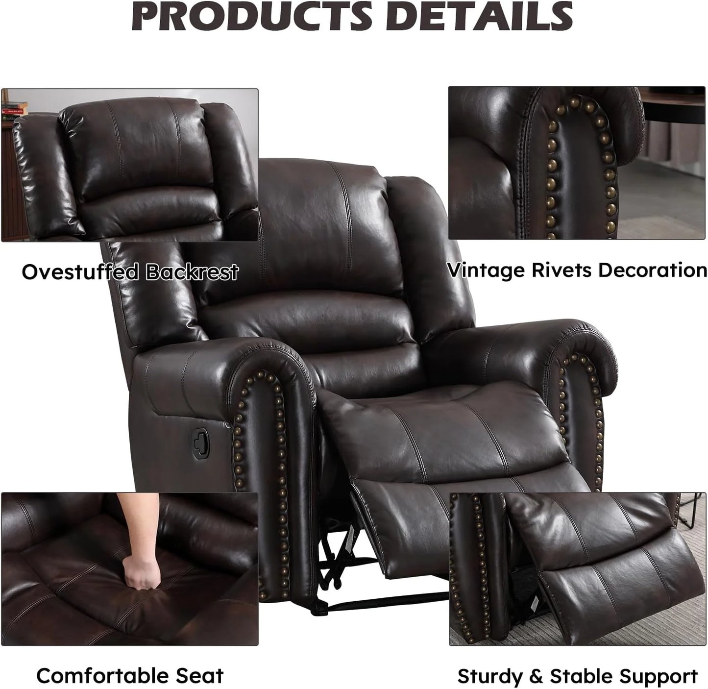 CANMOV Leather Recliner Chair, Classic and Traditional Manual Recliner Chair with Comfortable Arms and Back Single Sofa for Living Room, Nut Brown