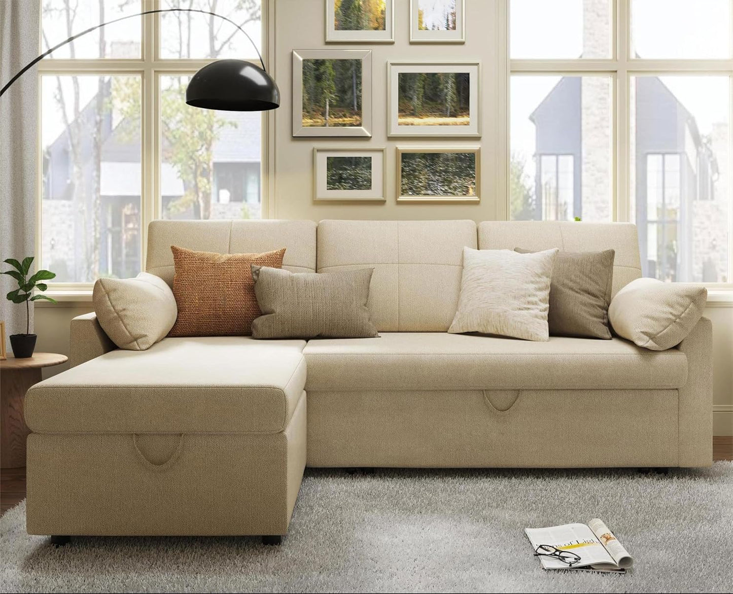 VanAcc Sofa Bed, Sleeper Sofa with Storage Chaise 2 in 1 Pull Out Couch Living Room