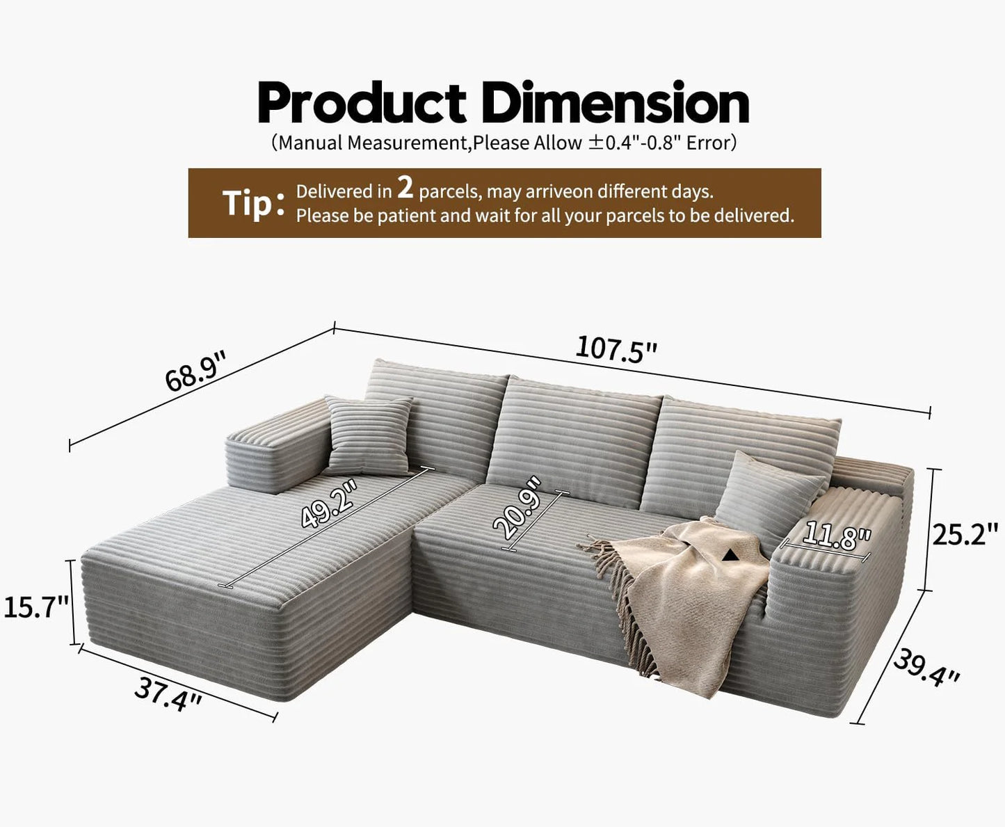 107.5" Cloud Modular Sectional Sofa Couch with L-Shape Chaise,Modern Minimalist Upholstered Couches for Living Room Bedroom,Deep Seat Corner Couch .No Assembly Required (Black,Left Facing Chaise)