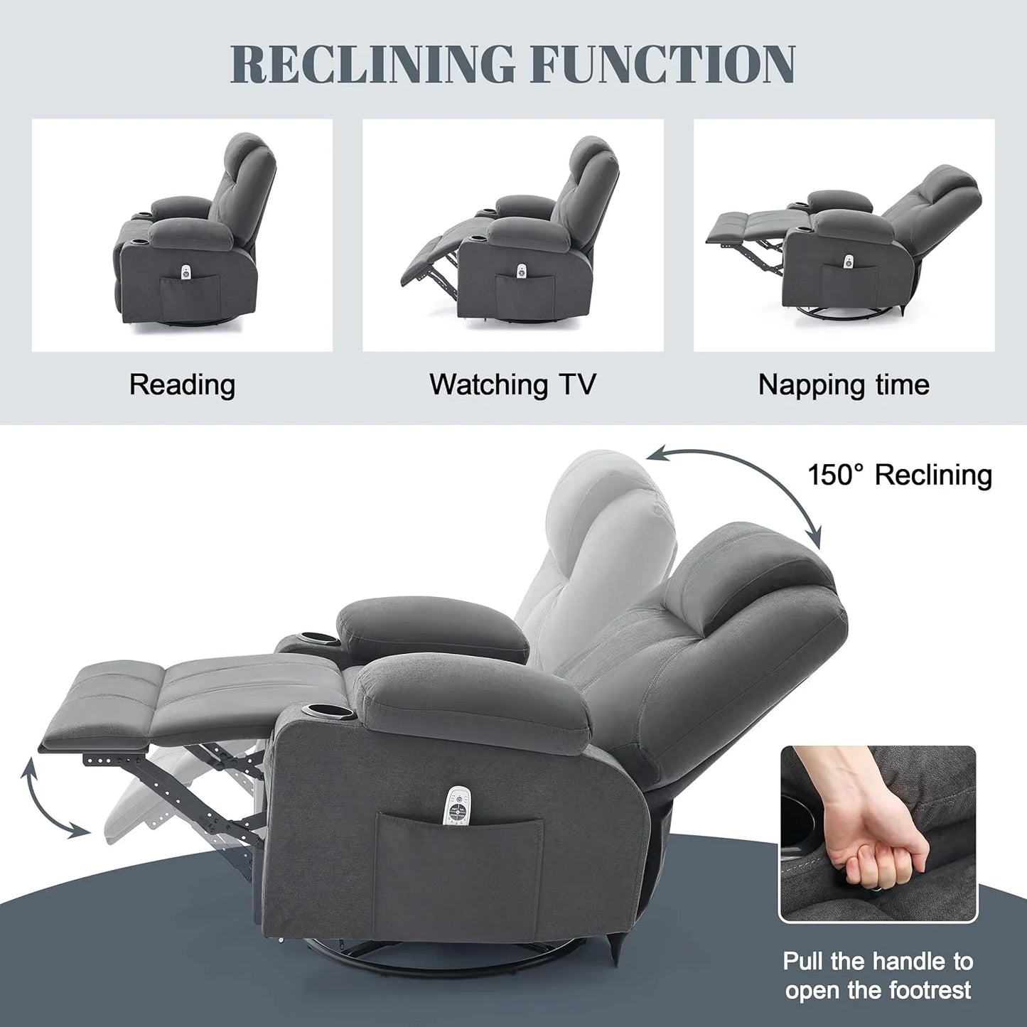 Oversized Swivel Rocker Recliner Chair with Heat and Massage, 360 Degree Swivel Rocking Single Sofa with Cup Holders and USB Port, Large Big Recliner Chair for Living Room (Leather, Brown)