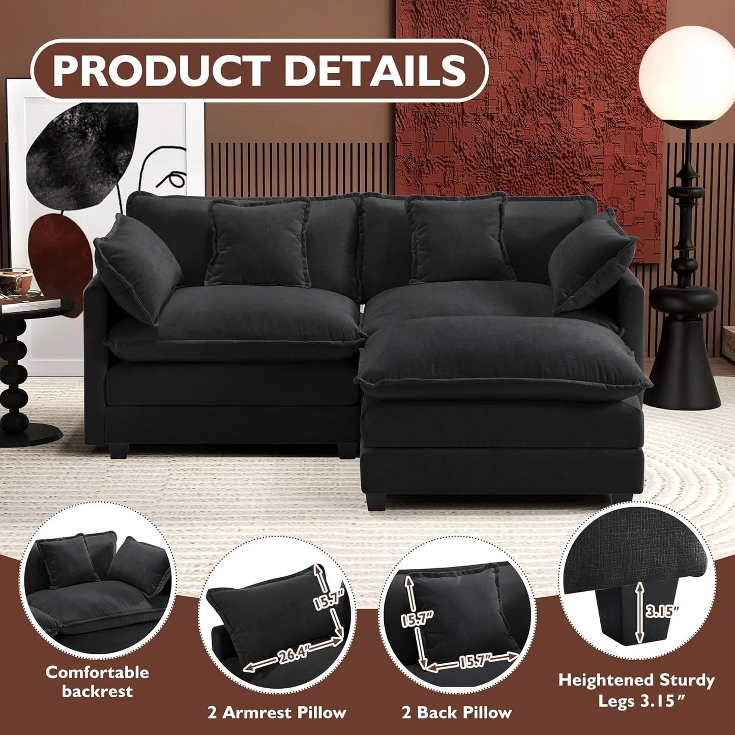 Ihanherry 146" U-Shaped Modern Sofa Modular Sectional Cloud Couch with 2 Ottoman, 6-Seat Chenille Deep Seat Sofa with 6 Pillows for Living Room, Bedroom and Apartment, Grey