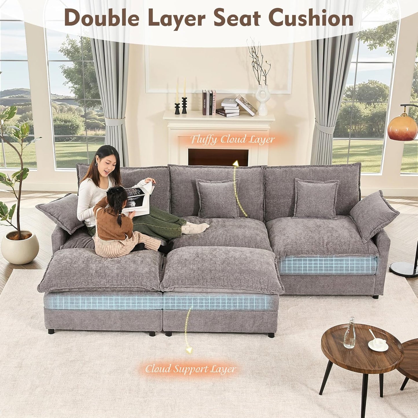 108 Inch U Shape Sofa Sectional Sofa Comfortable Cloud Sofa with Removable Footstool