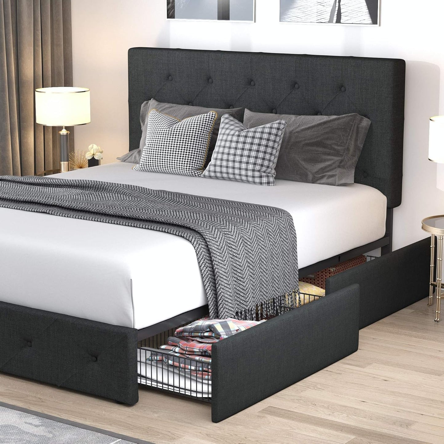 Allewie Upholstered Queen Size Platform Bed Frame with 4 Storage Drawers and Headboard, Square Stitched Button Tufted, Mattress Foundation with Wooden Slats Support, No Box Spring Needed, Light Grey