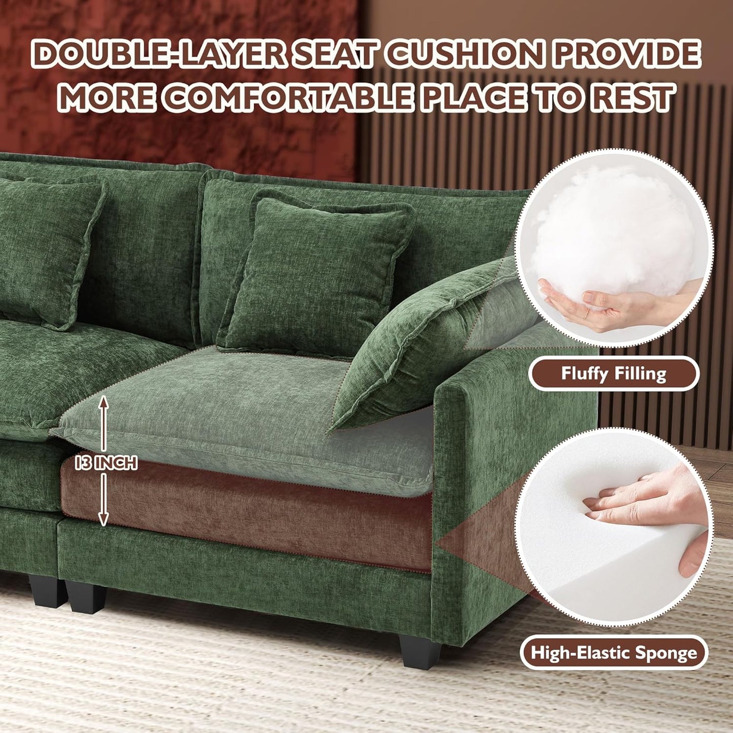 Ihanherry 146" U-Shaped Modern Sofa Modular Sectional Cloud Couch with 2 Ottoman, 6-Seat Chenille Deep Seat Sofa with 6 Pillows for Living Room, Bedroom and Apartment, Grey