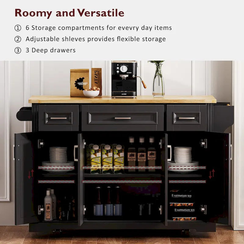 54 Large Kitchen Island with Rubber Wood Drop Leaf, Embossed Texture Rolling Kitchen Cart on 4 Wheels with 4 Doors & 3 Drawers
