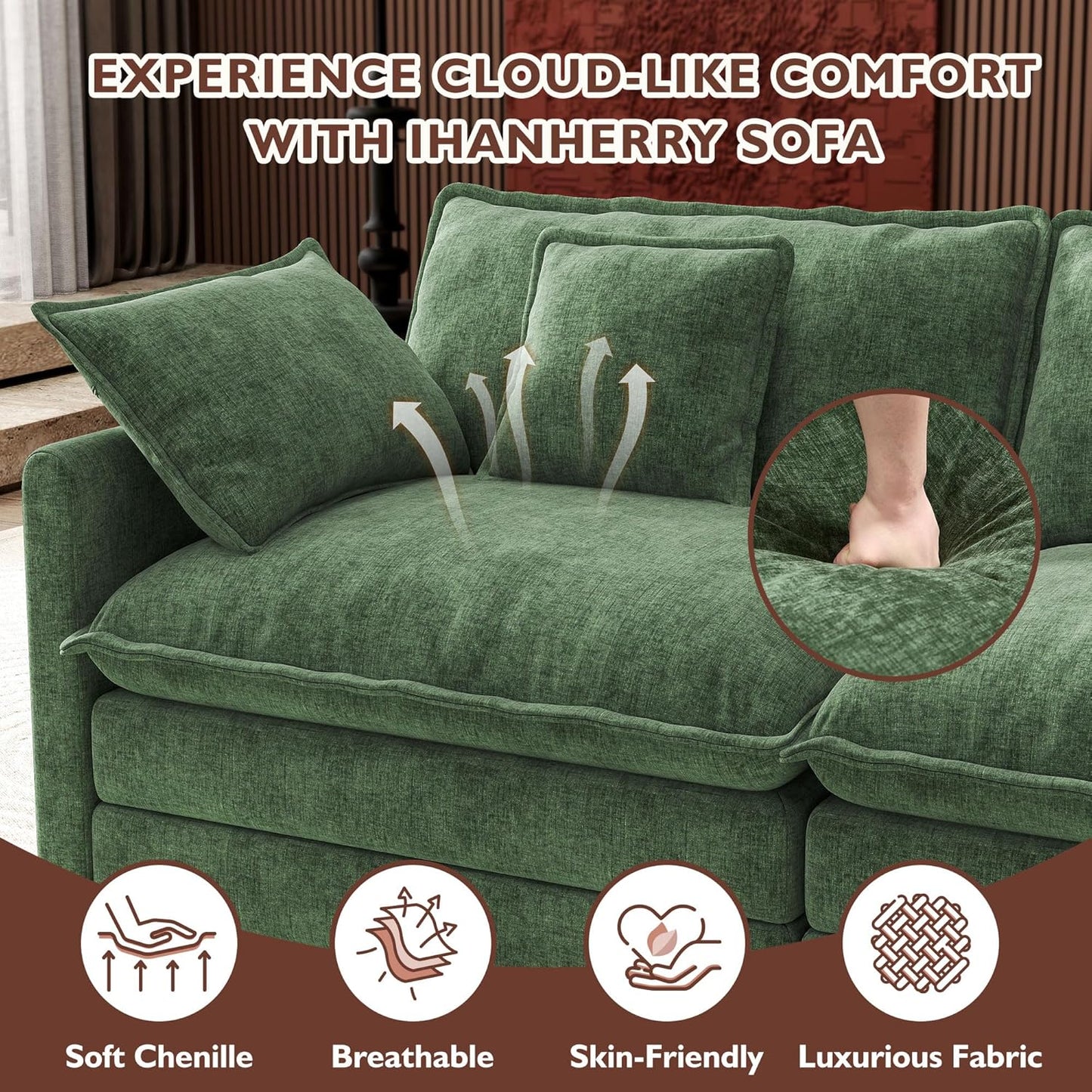 Ihanherry 146" U-Shaped Modern Sofa Modular Sectional Cloud Couch with 2 Ottoman, 6-Seat Chenille Deep Seat Sofa with 6 Pillows for Living Room, Bedroom and Apartment, Grey