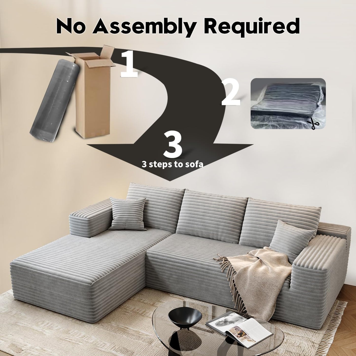 107.5" Cloud Modular Sectional Sofa Couch with L-Shape Chaise,Modern Minimalist Upholstered Couches for Living Room Bedroom,Deep Seat Corner Couch .No Assembly Required (Black,Left Facing Chaise)