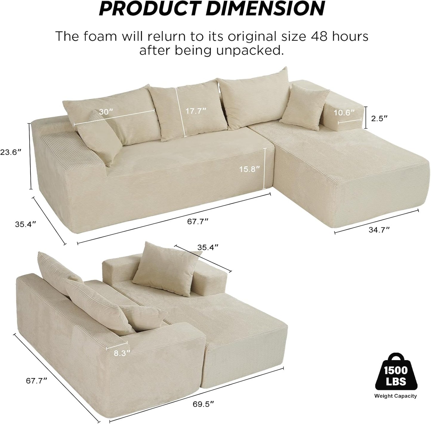 Cloud Sectional Couch with L-Shape Chaise,Modern Modular Sofa with Deep Seat, Upholstered Couches for Living Room Bedroom,No Assembly Required, Beige (Left Facing Chaise)
