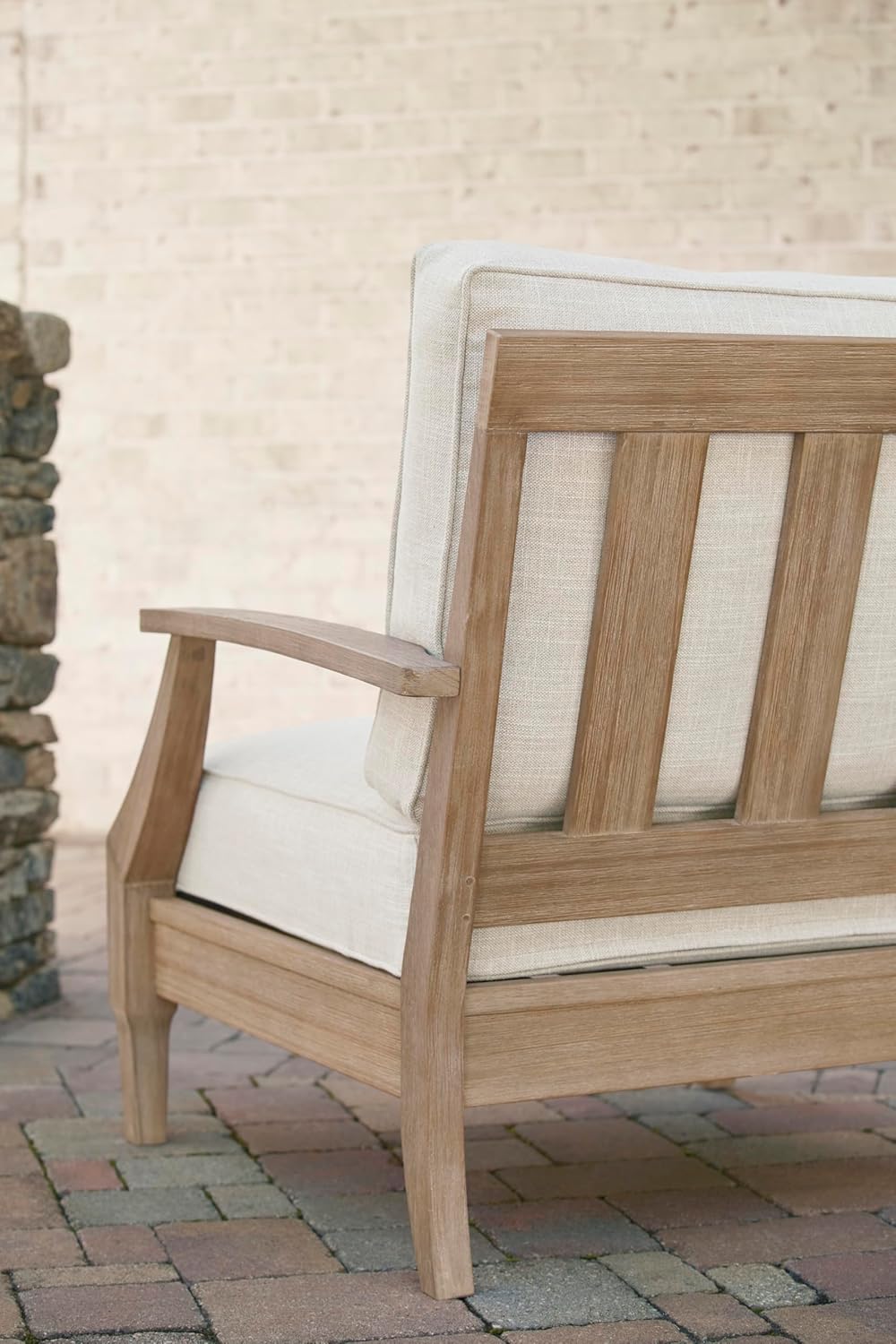 Signature Design by Ashley Clare View Coastal Outdoor Patio Eucalyptus Sofa with Cushions, Beige