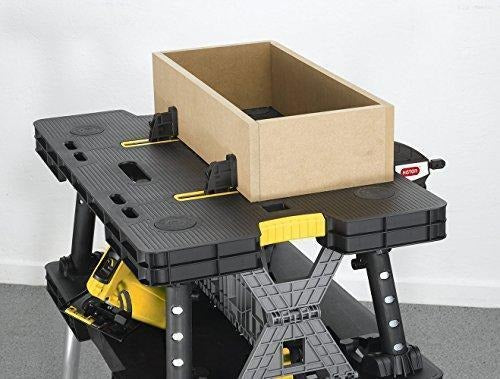 Keter C 197283 Folding Table Work Bench for Miter Saw Stand, Woodworking Tools and Accessories with Included 12 Inch Wood Clamps C Easy Garage Storage Black/Yellow